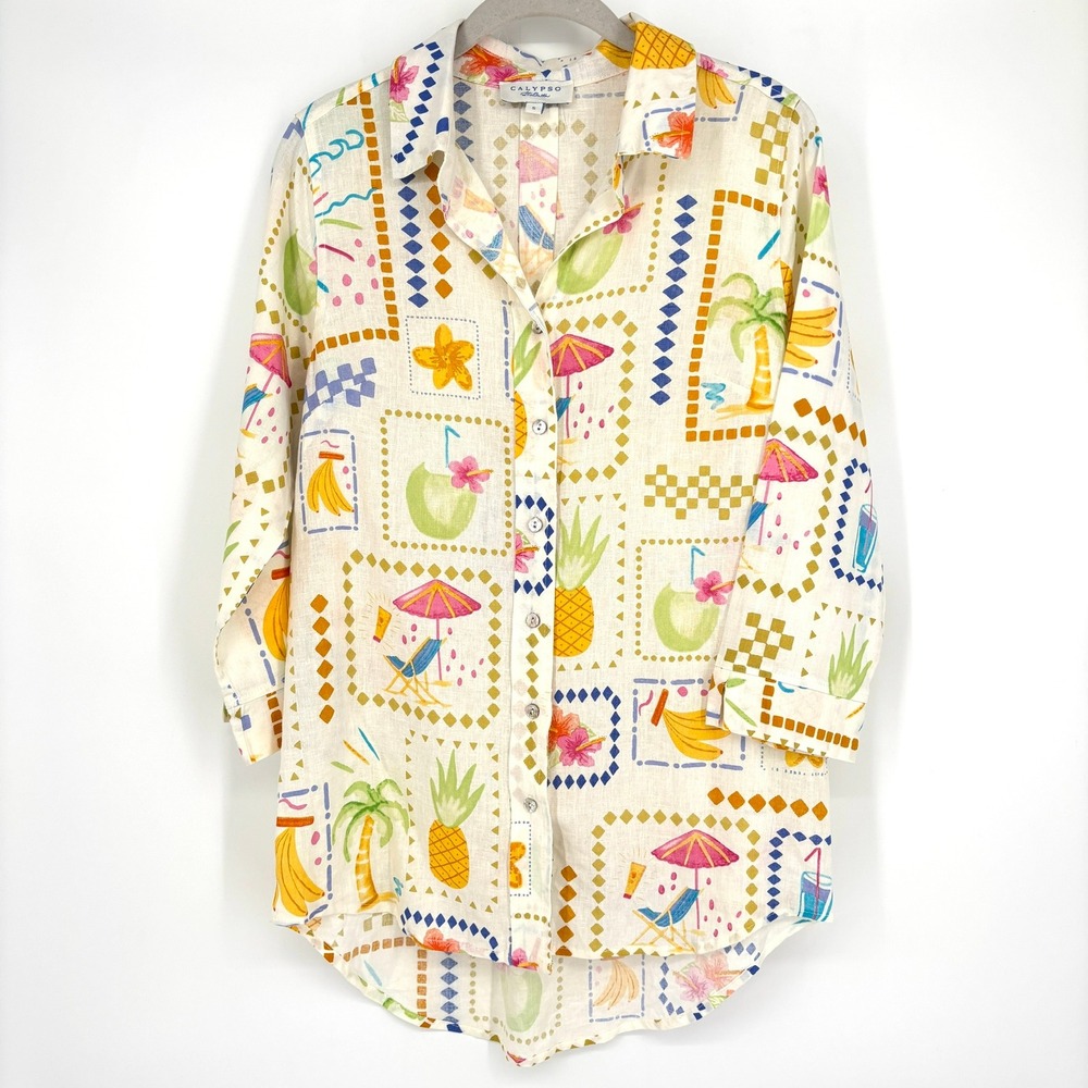 Calypso St Barth Button Down‎ Shirt Linen Blend Postcard Print Long Slv Tunic S - Picture 2 of 13